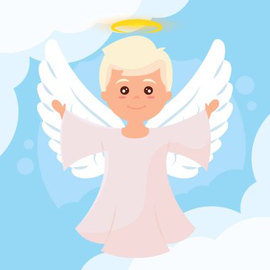 Bulutların üzerindeki sevimli melek çizgi film karakteri. Vektör çizimi.