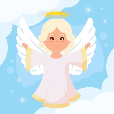 Bulutların üzerindeki sevimli melek çizgi film karakteri. Vektör çizimi.