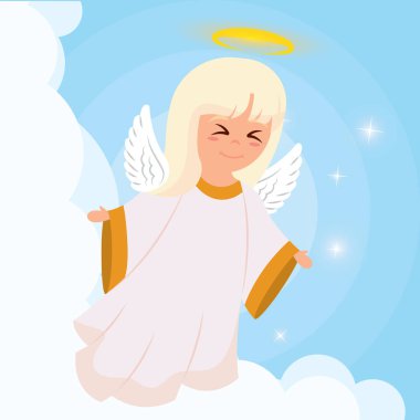 Bulutların üzerindeki sevimli melek çizgi film karakteri. Vektör çizimi.