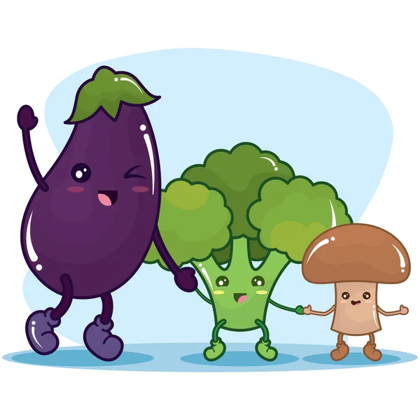 Şirin Patlıcan Brokoli Mantar Sebzesi Vektör Çizimi — Stok Vektör