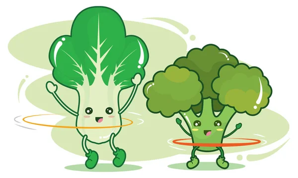 Tatlı Ispanak Brokoli Sebzeleri Vektör Illüstrasyonunda Birlikte Oynuyorlar — Stok Vektör