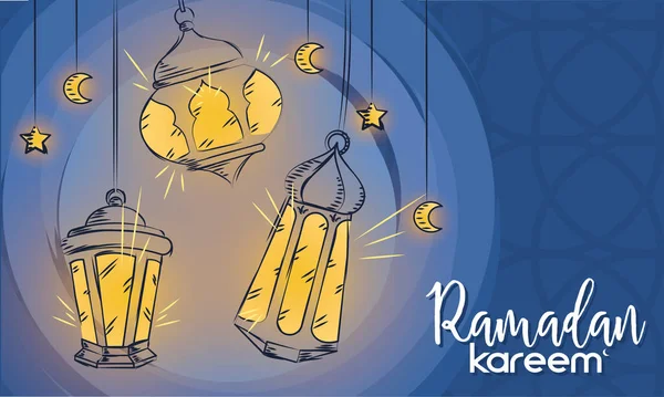 Modelo Ramadan Kareem Colorido Com Esboços Lâmpadas Árabes Ilustração Vetorial — Vetor de Stock