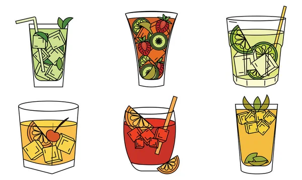 Ensemble Icônes Croquis Cocktail Tropical Coloré Illustration Vectorielle — Image vectorielle