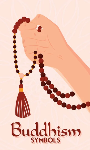 Hand holding prayer breads Buddhism symbols Vector illustration