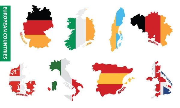 Conjunto Mapas Países Europeos Colores Con Sus Banderas Vector Illustration — Archivo Imágenes Vectoriales