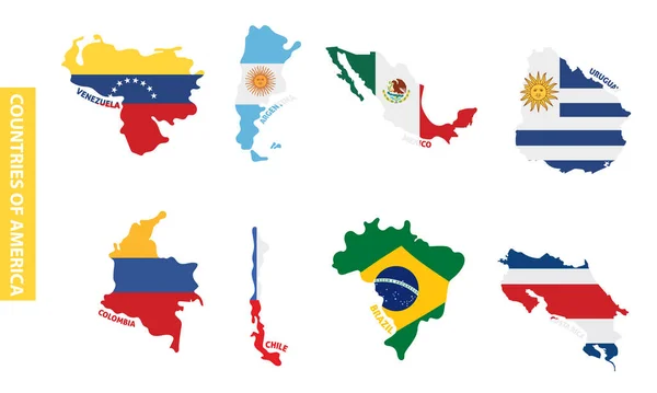 Set Mappe Paese Latinoamericane Colorate Con Sue Bandiere Illustrazione Vettoriale — Vettoriale Stock