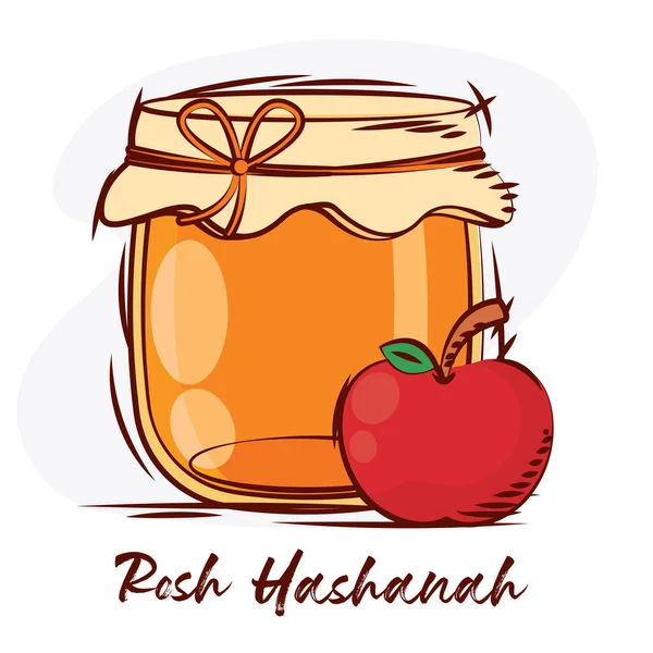 Croquis Coloré Pot Miel Pomme Rosh Hashanah Illustration Vectorielle — Image vectorielle