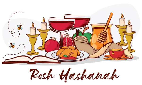 Objets Rosh Hashanah Dessinés Main Illustration Vectorielle — Image vectorielle