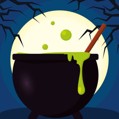 Cadı simya kazanı ay batımında Cadılar Bayramı Vektörü illüstrasyonu