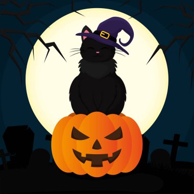 Kara kedi ve cadı şapkası ay batımında bir balkabağı Cadılar Bayramı illüstrasyonunda