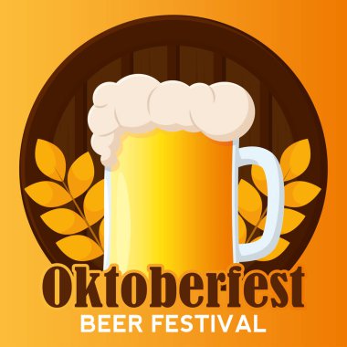 Köpüklü bira bardağı ve bira fıçısı Oktoberfest bira festivali Vector illüstrasyonu