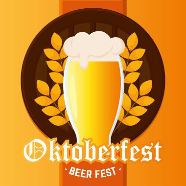 Köpüklü bira bardağı ve bira fıçısı Oktoberfest bira festivali Vector illüstrasyonu
