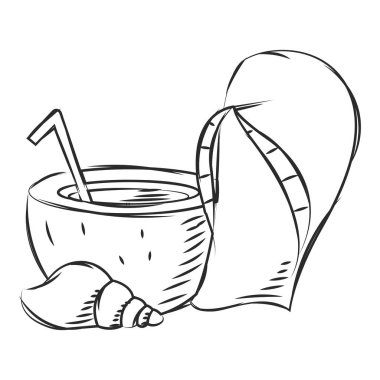 Yaz plajının çizimi sandaletlerle ve hindistan cevizi vektörü resimleriyle dolu bir kokteyl.