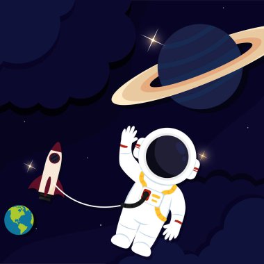 Uçan Vektör illüstrasyonlu bir astronot ile katmanlı uzay görüntüsü