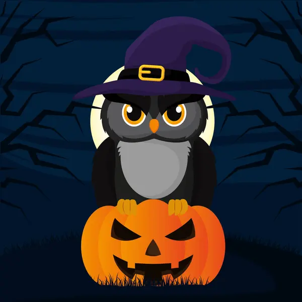 Hibou Avec Chapeau Sorcière Sur Une Illustration Fantasmagorique Vecteur Halloween — Image vectorielle