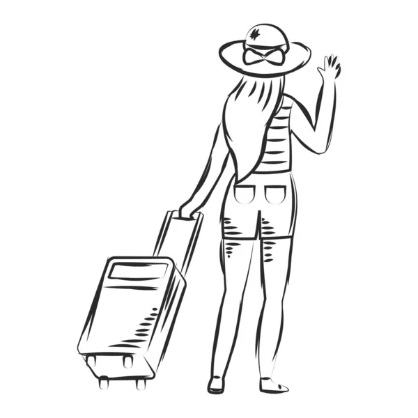 Isolierte Skizze Einer Mädchenfigur Mit Reisetasche Vector Illustration — Stockvektor