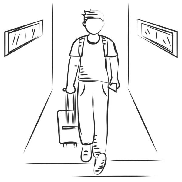 Skizze Eines Jungen Mit Sommerkleidung Und Reisetasche Vector Illustration — Stockvektor