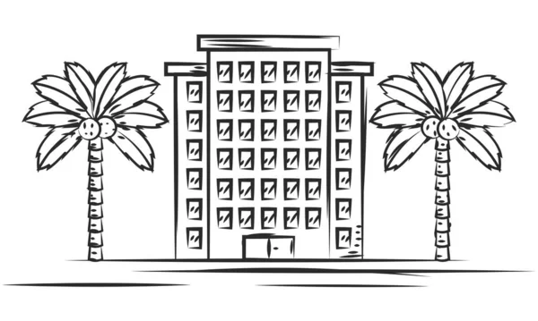 Croquis Hôtel Tropical Avec Une Paire Palmiers Illustration Vectorielle — Image vectorielle