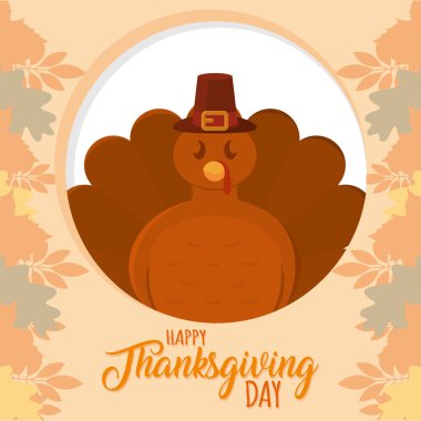 Şükran Günü kartpostal illüstrasyonuyla gezgin şapkalı şirin hindi kuşu.