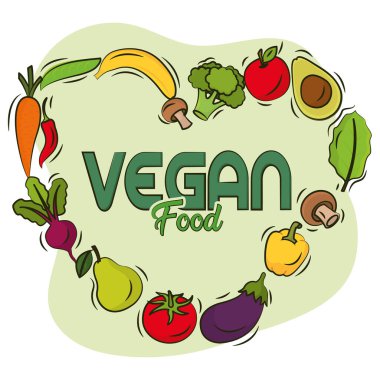 Bir grup meyve ve sebze kalp şeklinde vejetaryen yaşam tarzı illüstrasyonu yapıyor.