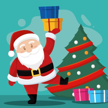 Yalnız, şirin, mutlu noel baba karakteri ve hediyeler, vektör illüstrasyonu.
