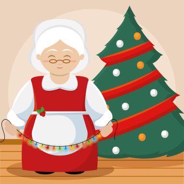 Noel Baba Noel Baba karakterinin Noel ağacı illüstrasyonunun yanında izole edilmiş şirin bayan Noel Baba karakteri