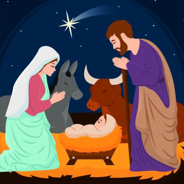 Joseph Mary ve İsa Mesih karakterleri Vektör illüstrasyonlu Noel müdürü.