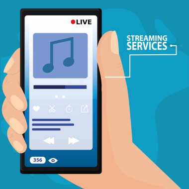 Bir müzik uygulaması olan akıllı bir telefonu tutarken Streaming Service Vector illüstrasyonu