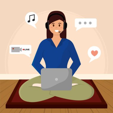 Dizüstü bilgisayarlı izole kız multimedya Streaming Servisler Vektörü illüstrasyonu