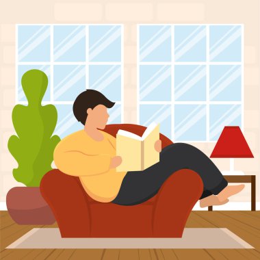 Kanepede kitap okuyan yakışıklı çocuk Hygge yaşam tarzı Vektör çizimi