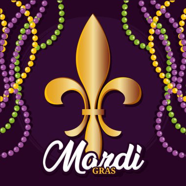 İzole edilmiş altın lys çiçeği ve renkli kolyeler Mardi gras Vektör çizimi