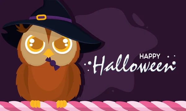 Lindo Pájaro Búho Con Sombrero Bruja Feliz Halloween Vector Ilustración — Vector de stock