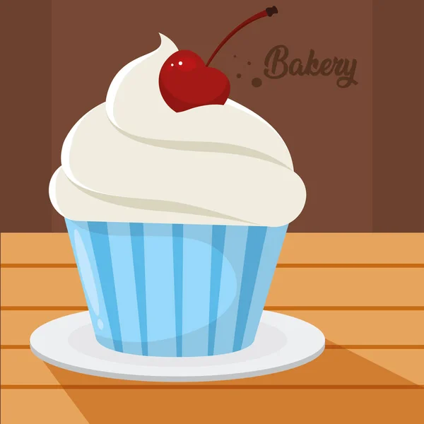 Isolerad Cupcake Med Körsbär Bageri Produkt Ett Bord Vektor Illustration — Stock vektor