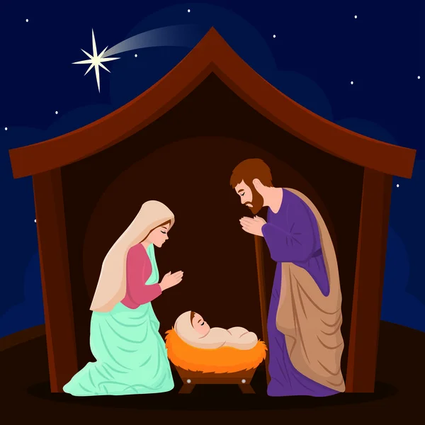 Christmas Manger Joseph Mary Jesus Christ Characters Vector Illustration — Stock Vector
