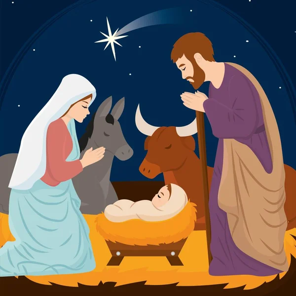 Natal Manjedoura Com Joseph Mary Jesus Christ Personagens Vector Ilustração —  Vetores de Stock