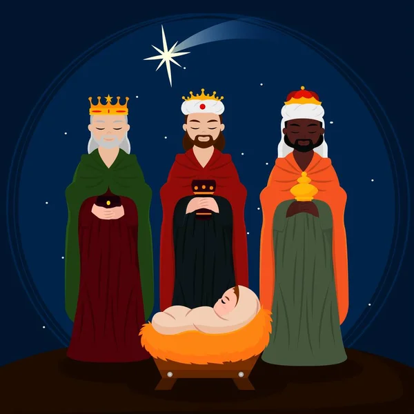 Pesebre Navidad Con Tres Magos Personajes Jesucristo Ilustración Vectorial — Vector de stock