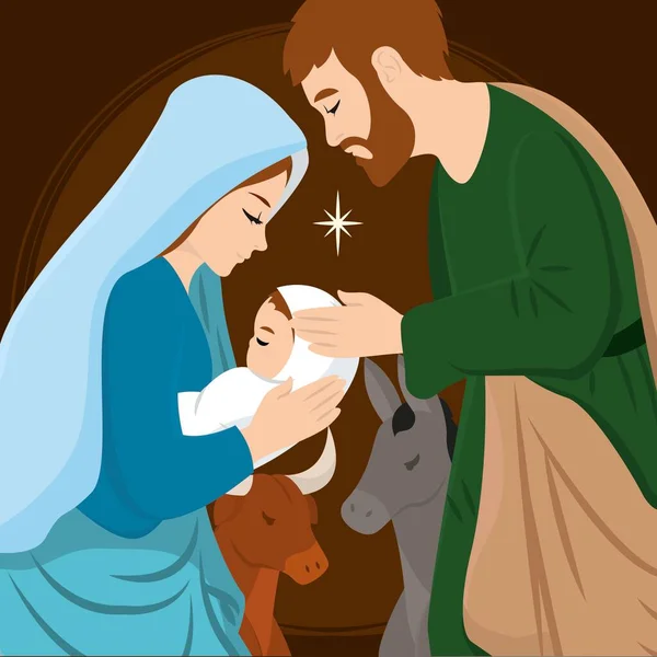 Julkrubba Med Joseph Mary Och Jesus Kristus Tecken Vektor Illustration — Stock vektor