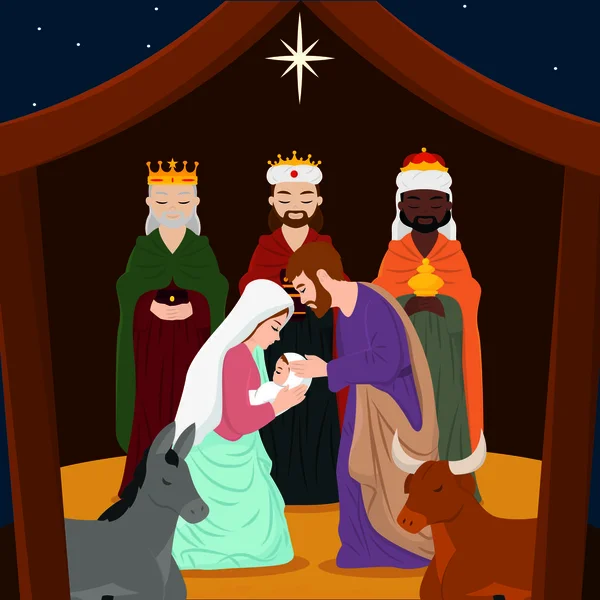Natal Manjedoura Com Joseph Mary Jesus Cristo Três Wises Personagens — Vetor de Stock