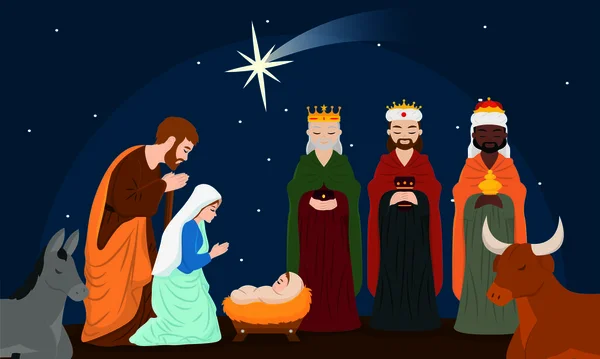 Mangeoire Noël Avec Jésus Christ Trois Personnages Sages Illustration Vectorielle — Image vectorielle