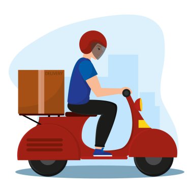 Motosikletli yalnız teslimatçı. Elinde kutu vektör çizimi var.