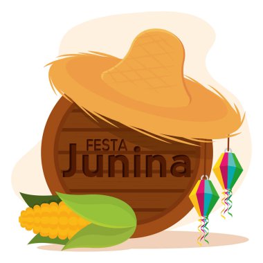 Festa Junina şablonu ahşap fıçı şapkalı ve mısır vektörü resimli.