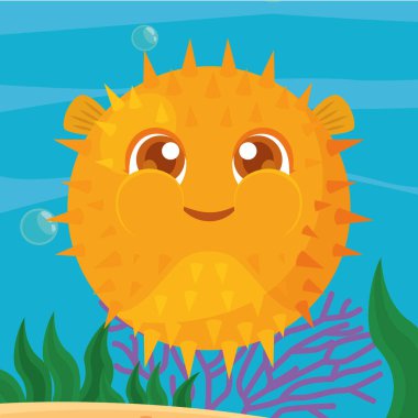 İzole edilmiş şirin balon balığı deniz hayvanı karakteri Vektör çizimi