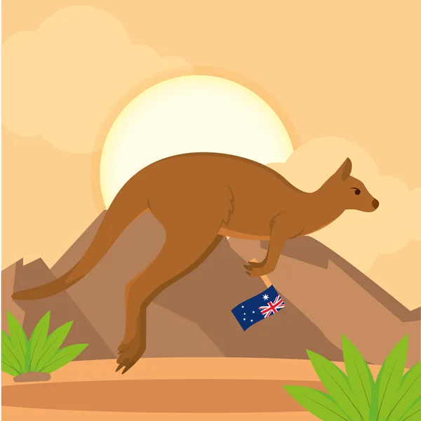 Isolado Bonito Canguru Segurando Uma Bandeira Austrália Ilustração Vetorial —  Vetores de Stock