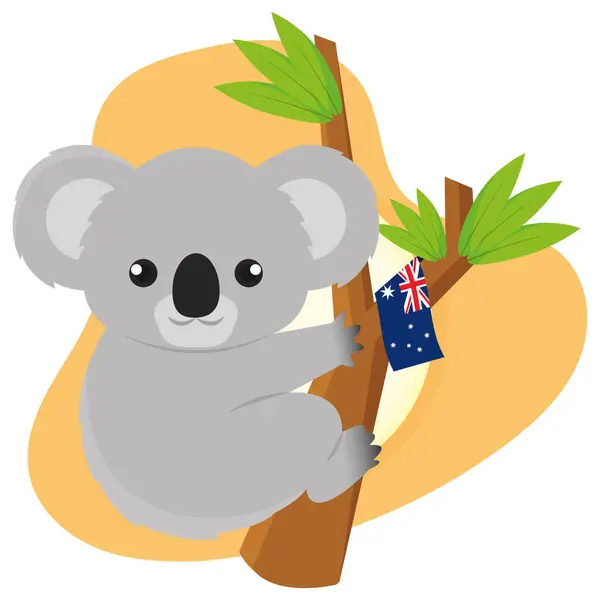 Coala Bonito Pendurado Uma Árvore Com Bandeira Austrália Ilustração Vetor — Vetor de Stock