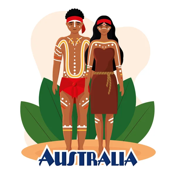 Casal Nativo Isolado Personagens Australianos Com Roupas Tradicionais Ilustração Vetorial —  Vetores de Stock