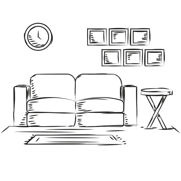 Desenho Uma Sala Estar Com Sofá Uma Mesa Ilustração Vetorial —  Vetores de Stock