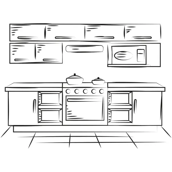 Bosquejo Diseño Cocina Interior Con Una Estufa Vector Ilustración — Vector de stock