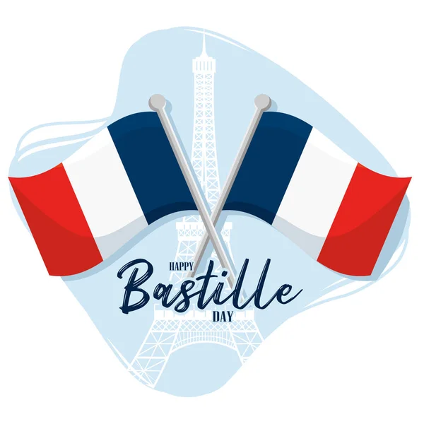 Paar Französische Flaggen Und Eiffelturm Wahrzeichen Happy Bastille Day Vector — Stockvektor