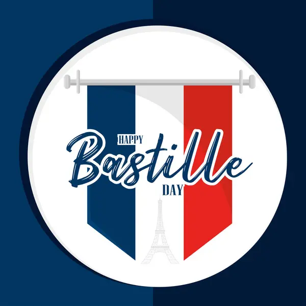 Bandera Francesa Colgada Con Silueta Torre Eiffel Hito Feliz Día — Vector de stock