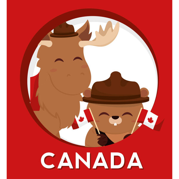 Cute moose and beaver with forest ranger hats and flags of Canada Vector illustration